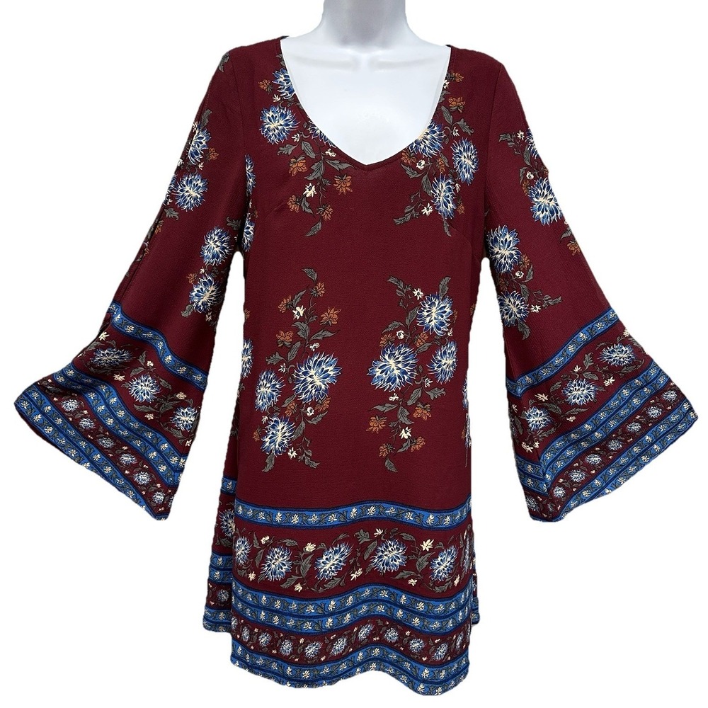 Entro Mini Dress Womens Small Burgundy Floral Print Long Sleeve Lined Flowy Boho